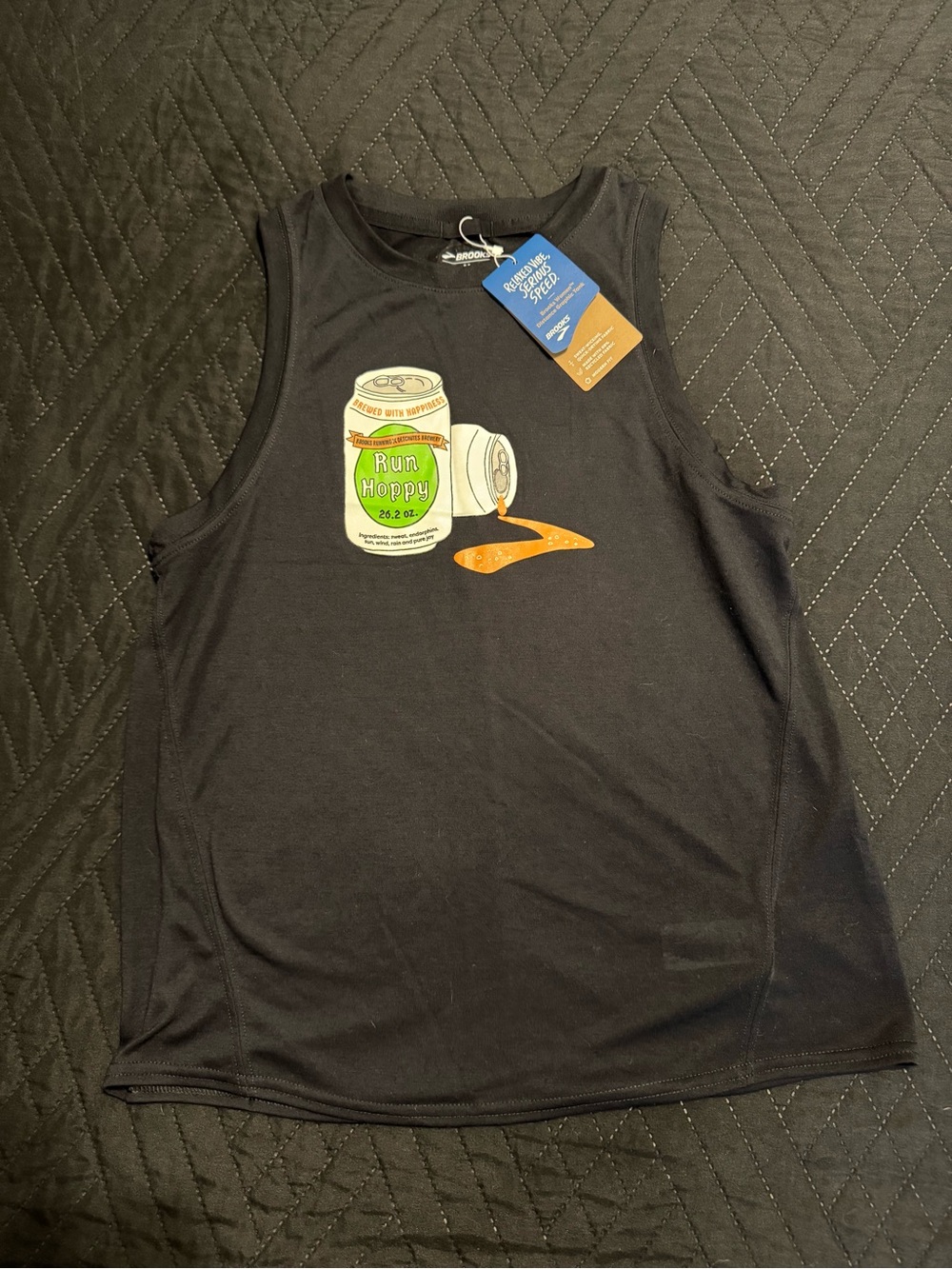 Brooks Black Tank Top with Green "Run Hoppy" Can Graphic